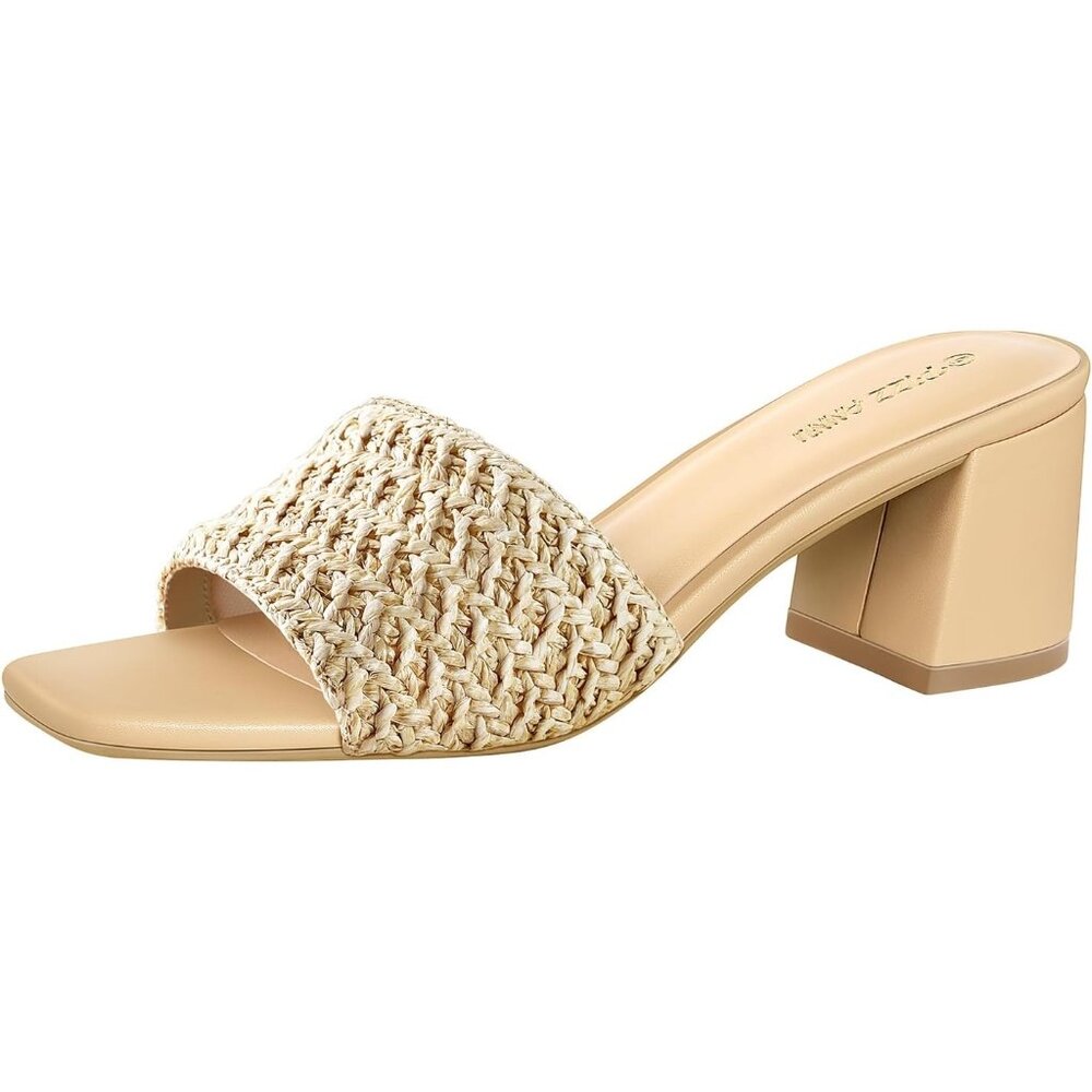 🆕Women's Raffia Square Open Toe Heels Sandals Low Block Chunky Heeled Sandal